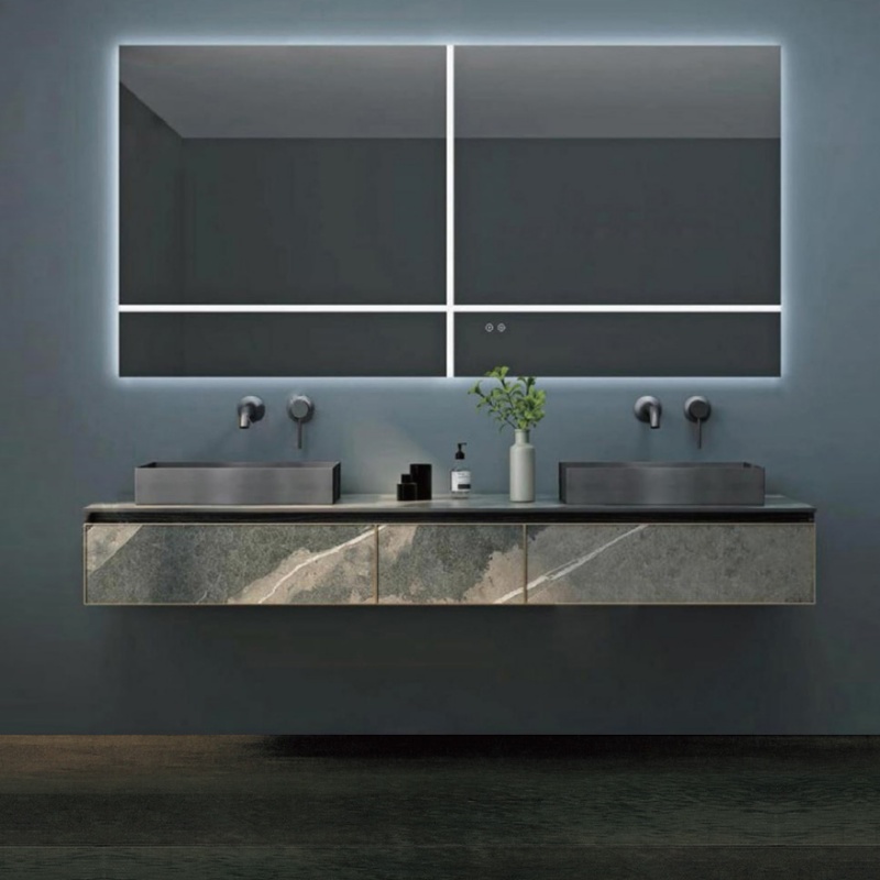 Foshan Factory's Rectangular Makeup Mirror with Simple Blue Design and Solid Wood Bathroom Cabinet