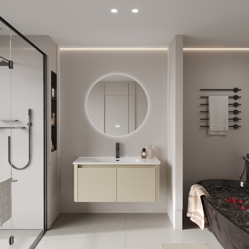 Customizable Drawers Doors Wood Grain PVC Bathroom Cabinet with Sink