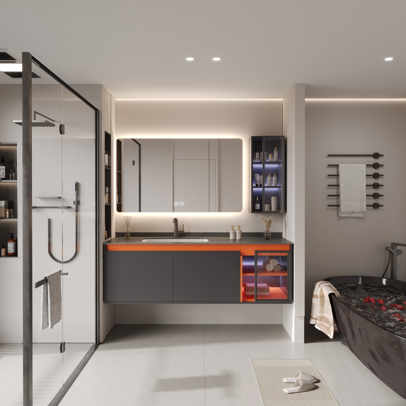 High Quality Ceramic Basin LED Decorated Bathroom Cabinet with Sink