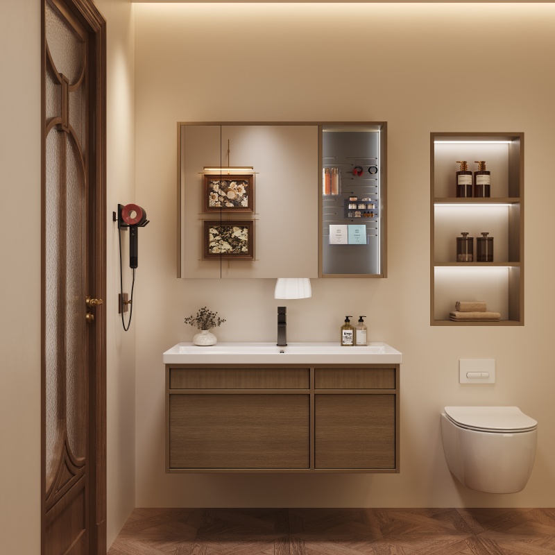 Customizable Drawers Doors Wood Grain PVC Bathroom Cabinet with Sink