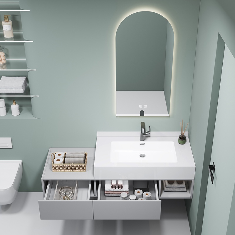 PVC Two-Drawer One-Door Bathroom Cabinet with Ceramic Basin or Glass Basin