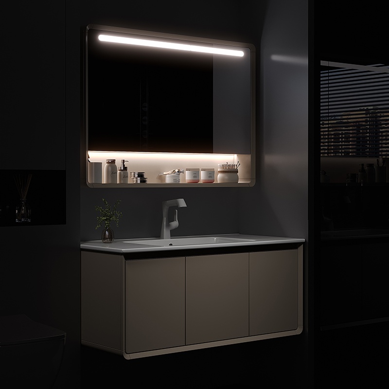 Stylish Bathroom Furniture PVC LED Light Bathroom Cabinet with Ceramic Wash Basin