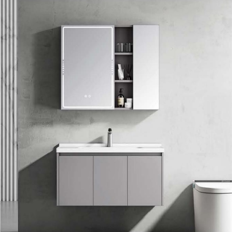 Modern Sanitary Ware PVC LED Light Bathroom Cabinet with Ceramic Wash Basin
