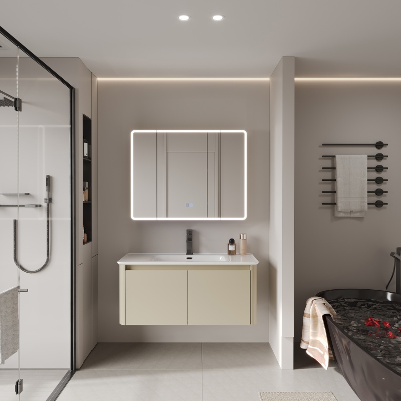 Customizable Drawers Doors Wood Grain PVC Bathroom Cabinet with Sink