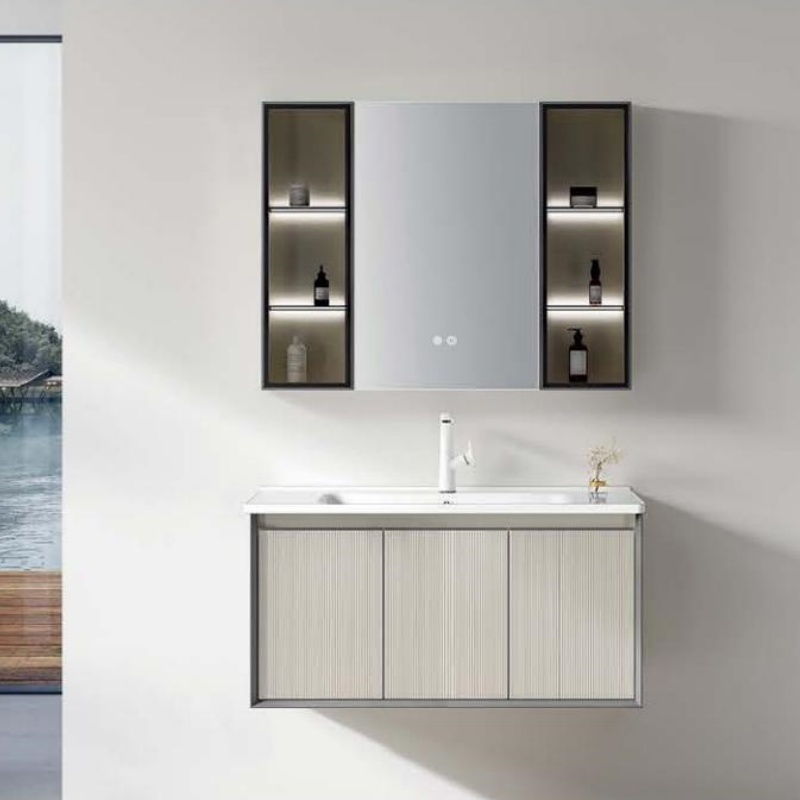 Modern Sanitary Ware PVC LED Light Bathroom Cabinet with Ceramic Wash Basin