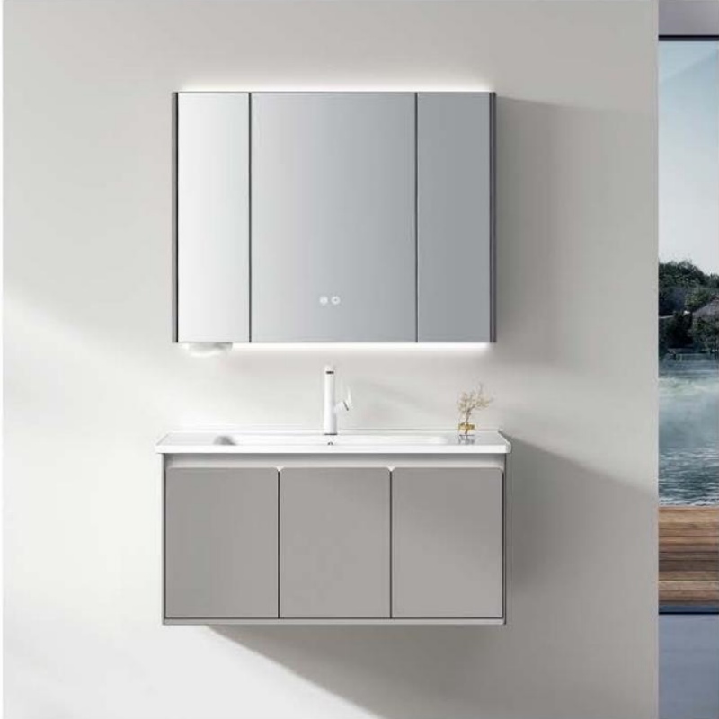 Large Storage Vanity Waterproof Sanitary Ware PVC Bathroom Cabinet with LED Light