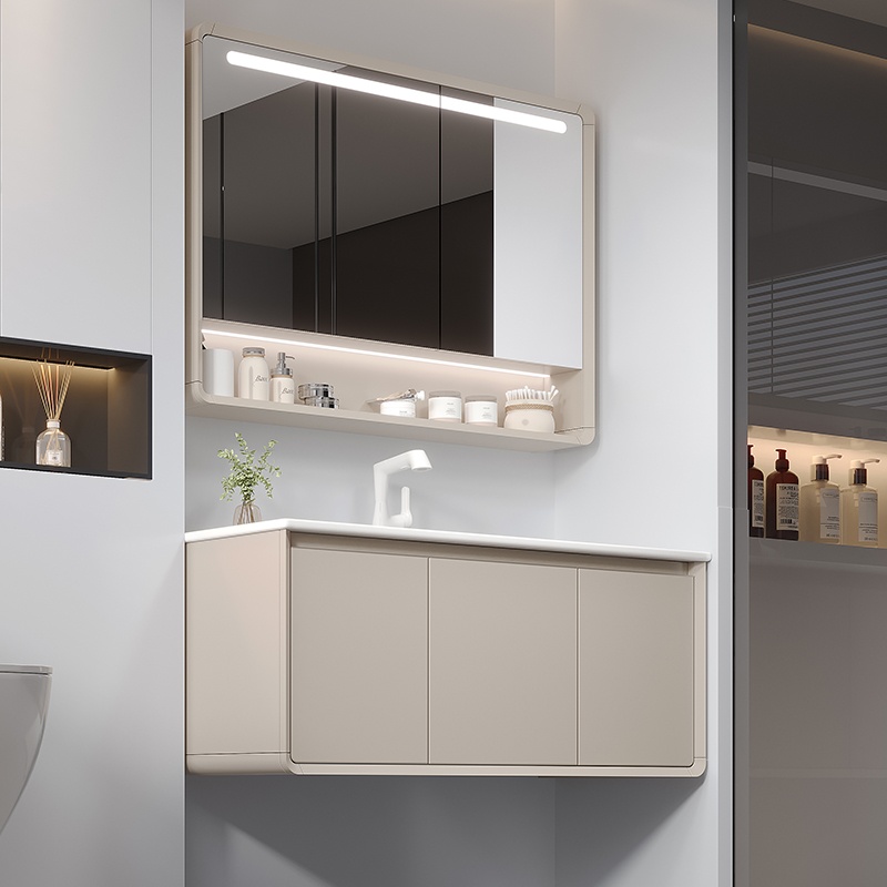 Stylish Bathroom Furniture PVC LED Light Bathroom Cabinet with Ceramic Wash Basin