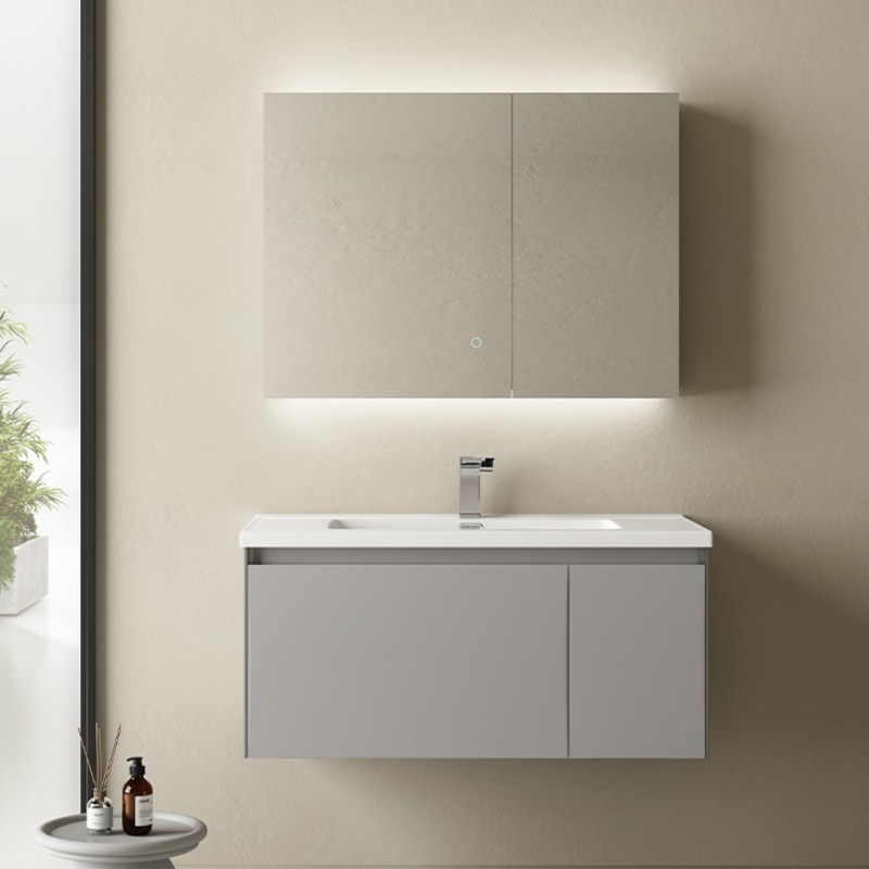 Customizable Drawers Doors Wood Grain PVC Bathroom Cabinet with Sink