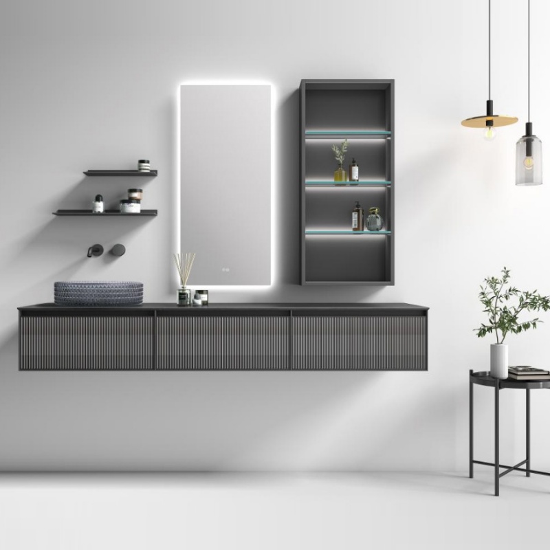 Rectangular Makeup Mirror Simple Wood-Colored Stripes Design Solid Wood Bathroom Cabinet with Storage Space at The Bottom