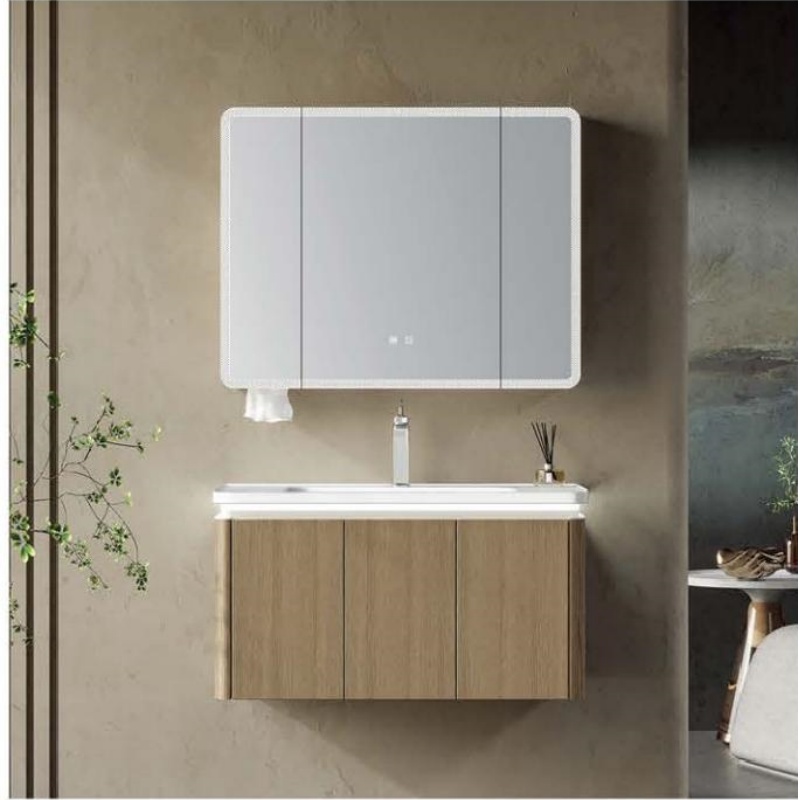 Modern Sanitary Ware PVC LED Light Bathroom Cabinet with Ceramic Wash Basin