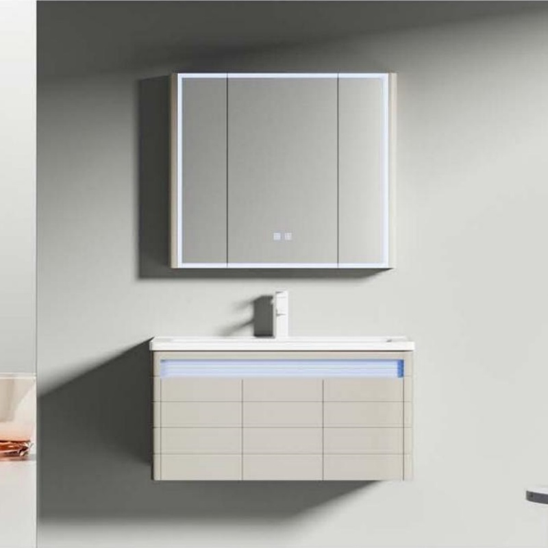 Large Storage Vanity Waterproof Sanitary Ware PVC Bathroom Cabinet with LED Light