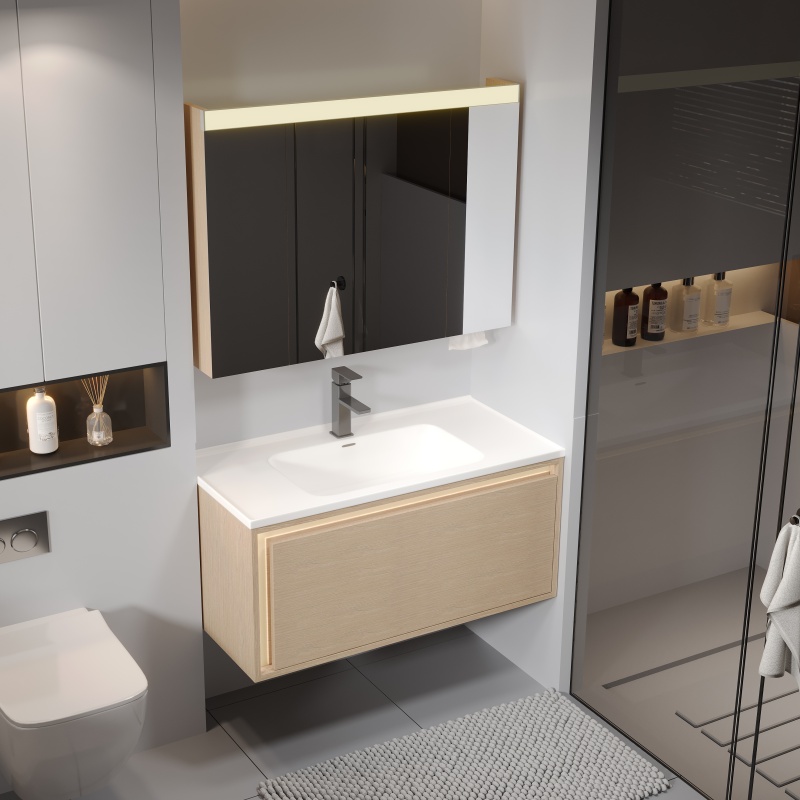 Modern Home Accessories PVC LED Light Bathroom Cabinet with Ceramic Basin
