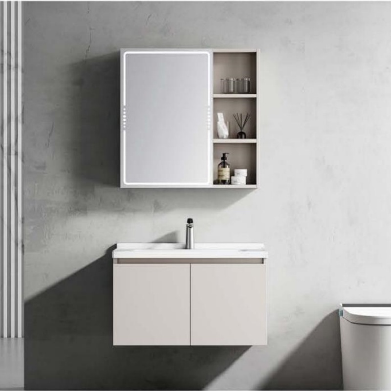 Modern Sanitary Ware PVC LED Light Bathroom Cabinet with Ceramic Wash Basin