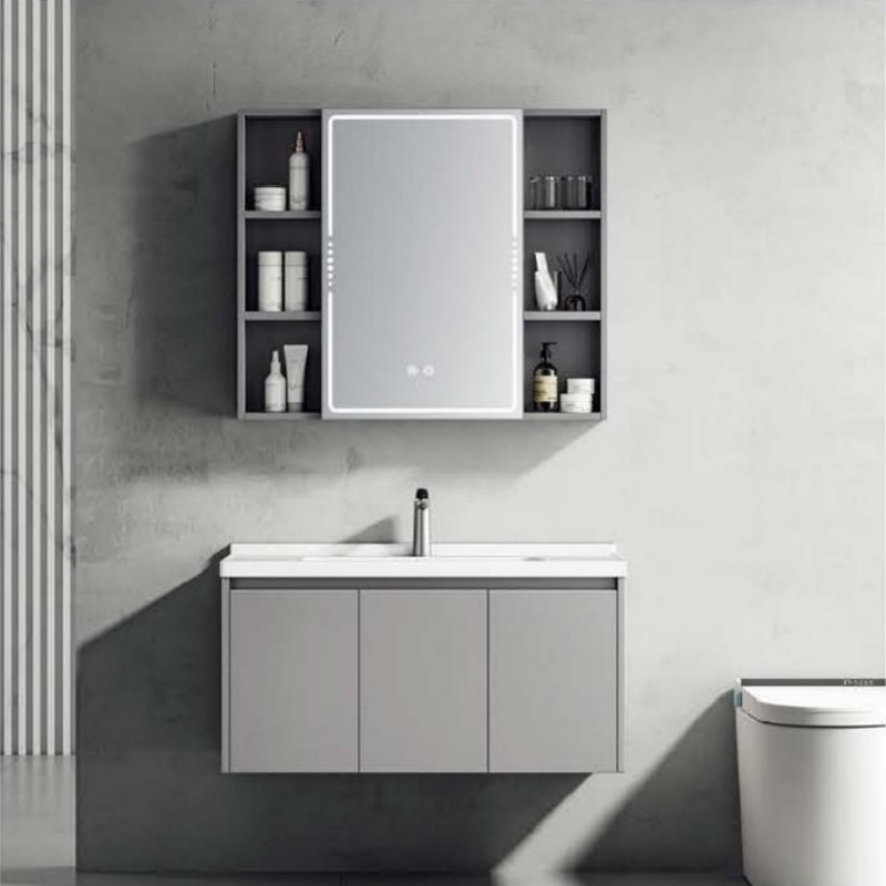 Modern Sanitary Ware PVC LED Light Bathroom Cabinet with Ceramic Wash Basin
