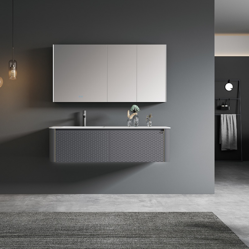 Modern Luxurious Elliptical Makeup Mirror with Embossed Design, Solid Wood Bathroom Cabinet