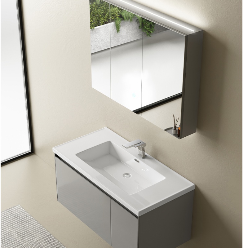 Customizable Drawers Doors Wood Grain PVC Bathroom Cabinet with Sink