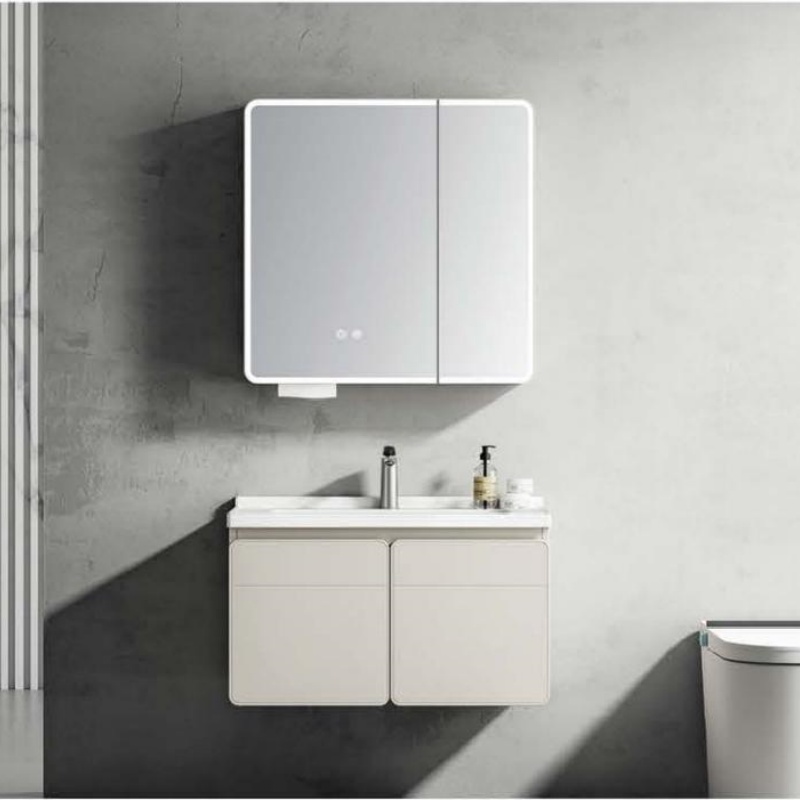Modern Sanitary Ware PVC LED Light Bathroom Cabinet with Ceramic Wash Basin