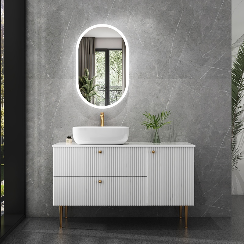 Sanitary Ware Artifical Stone Seamless Basin Plywood Bathroom Cabinet with Senor Light