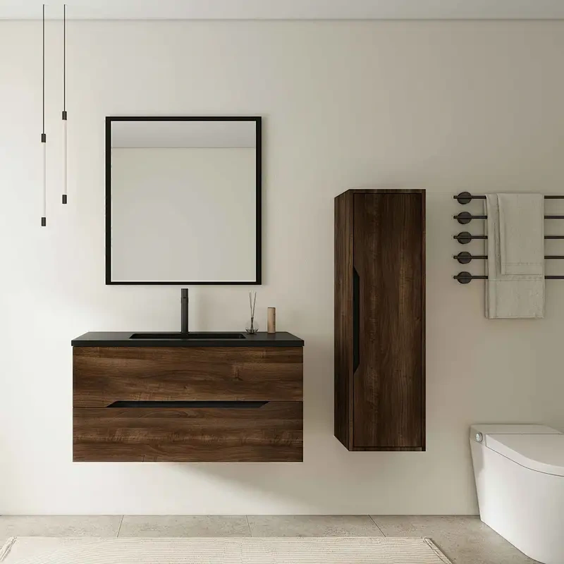 Small Bathroom Vanity White Painted Wall Mounted PVC & MDF Material with Basin