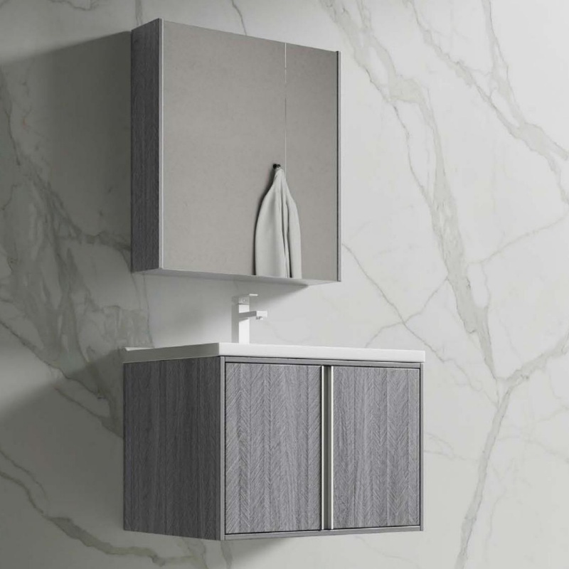 60cm Aviation Board Porcelain Basin with Smart LED Light PVC Bathroom Cabinet