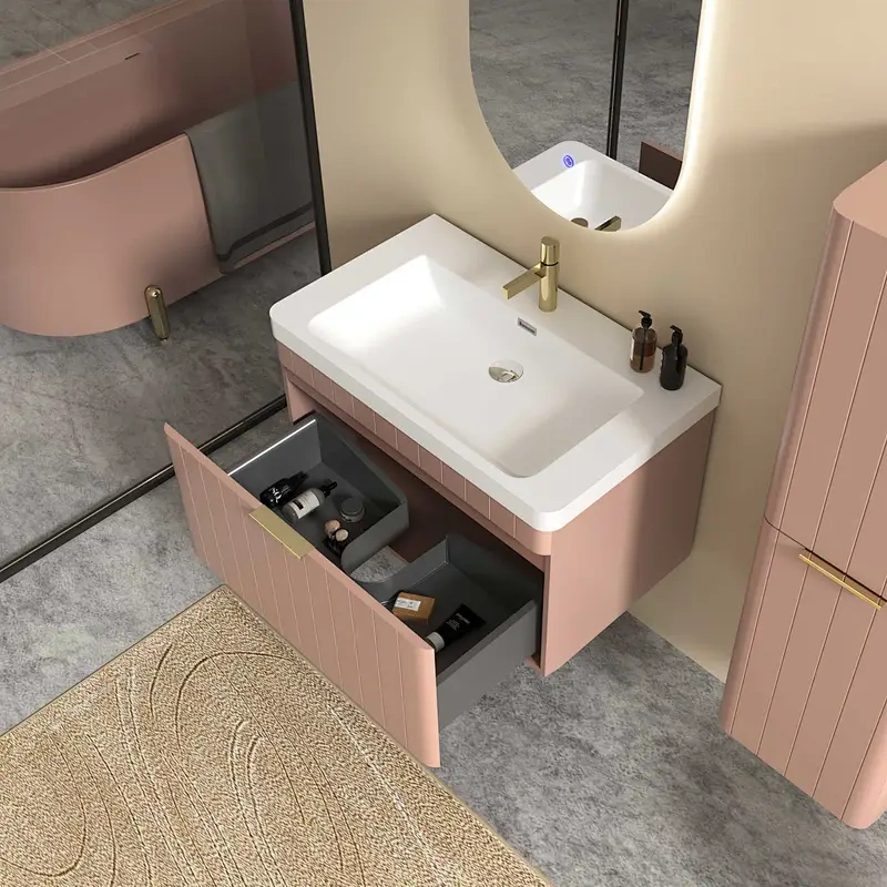 Wall Mounted Bathroom Vanity-MDF Body, Ceramic Top & Anti-Fog LED Mirror Combo