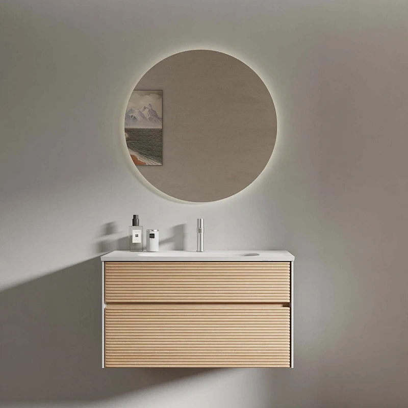 Modern Large Capacity MDF Grille Laminated Bathroom Cabinet with Double LED Mirrors