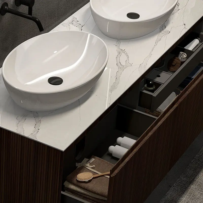 MDF Wash Bathroom Vanity Stone Slabs Floor Standing Sink Cabinets with Mirror