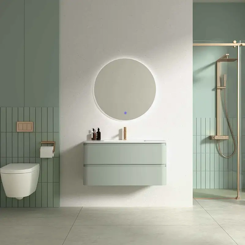 Lavender-Tinted MDF Bathroom Vanity Combo-Blush Ceramic Basin, Soft-Glow Mirror & Linen Baskets