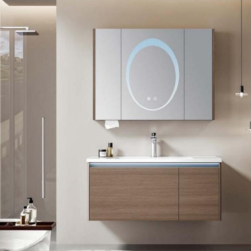 Modern Gray Bathroom Vanity Set with LED Mirror Cabinet Wall Mounted Ceramic Basin Storage Cabinet