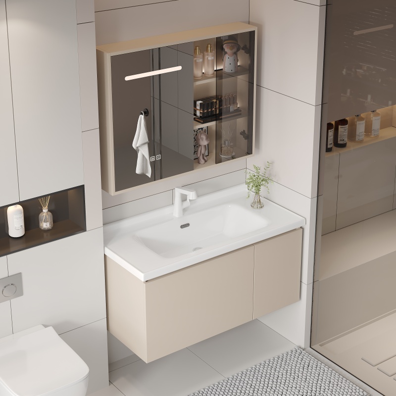 Light White Gray Bathroom Vanity Set with Radar Sensor LED Antifog Carbon Fiber Mirror Cabinet