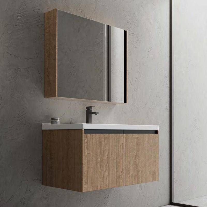 Modern Fashion Plywood Bathroom Cabinet Ceramic Basin and LED Mirror Cabinet Vanity