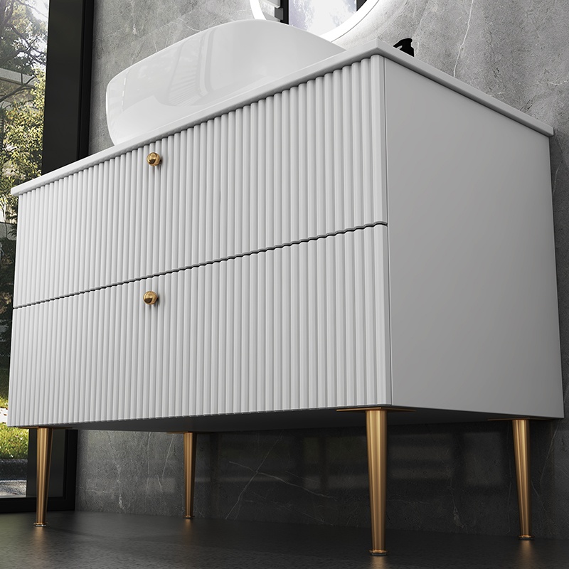 Sanitary Ware Artifical Stone Seamless Basin Plywood Bathroom Cabinet with Senor Light