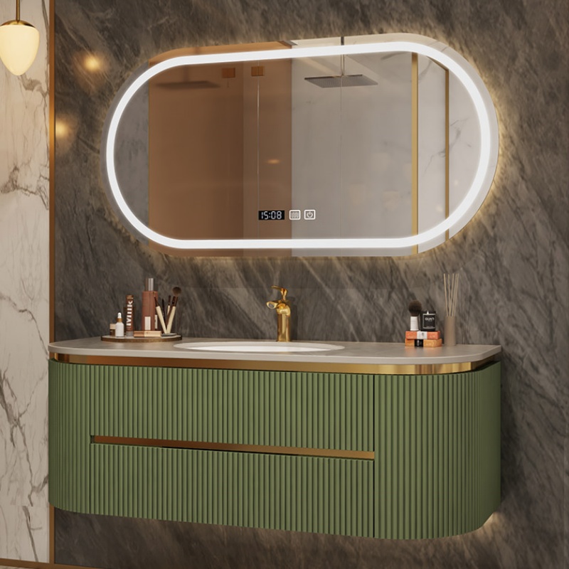 Wholesale Anti-Fog Mirror Fancy Plywood Bathroom Cabinet with Left Side Basin