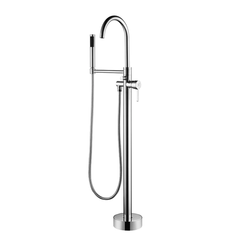 Brass Bathroom Floor Bathtub Faucet Black with Telephone Hand Shower