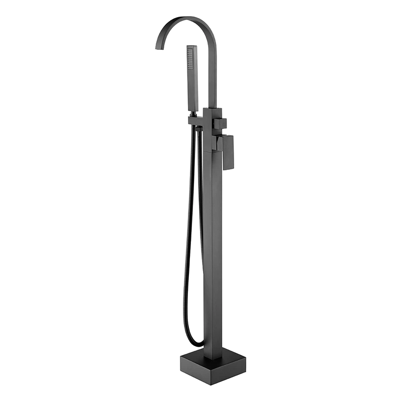 Brass Bathroom Floor Bathtub Faucet Black with Telephone Hand Shower
