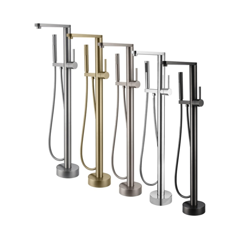 Brass Bathroom Floor Bathtub Faucet Black with Telephone Hand Shower