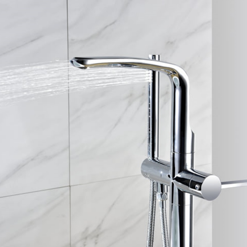 Brass Bathroom Floor Bathtub Faucet Black with Telephone Hand Shower