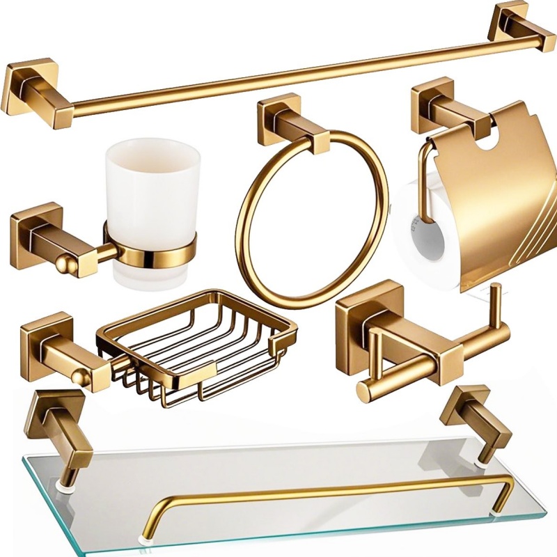 Brushed Gold Bathroom Accessories Towel Holder Single Towel Bar Rail 4 Pieces Bath Towel Rack Set