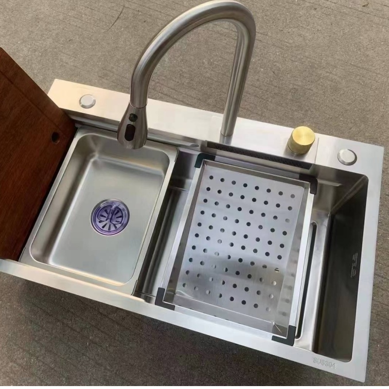 Nano Kitchen Sink Stainless Steel Sink Handmade Waterfall Faucet Knife Holder
